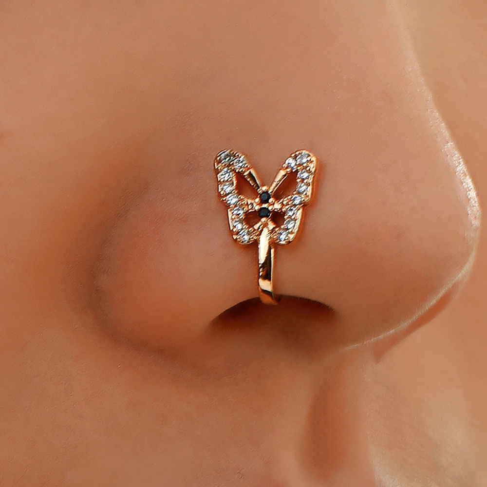Модное кольцо для носа / Очаровательное украшение с кристаллами в виде бабочки / Пирсинга-обманка / Серьга #1
