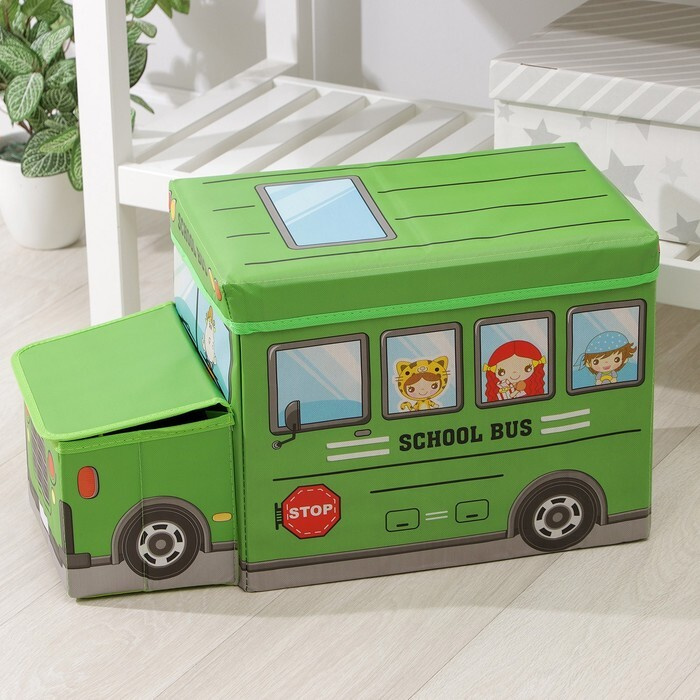 Короб стеллажный для хранения с крышкой "Школьный автобус", 55х26х32 см, 2 отделения, цвет зелёный  #1