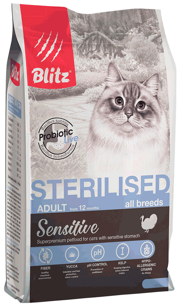 Сухой корм BLITZ SENSITIVE ADULT CAT STERILISED TURKEY для взрослых кастрированных котов и стерилизованных #1