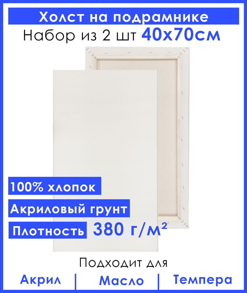 Холст грунтованный на подрамнике 40х70 см, двунитка хлопок 100%, для рисования, набор 2 шт.  #1