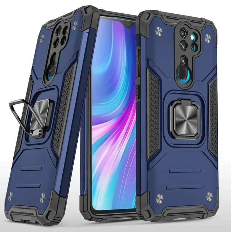 Противоударный чехол для Xiaomi Redmi Note 8 Pro синий с пластиной для магнитного автодержателя и кольцом #1