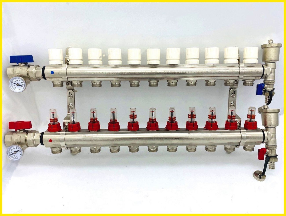 Коллектор для теплого пола с расходомерами, никелированная латунь, 1 ...