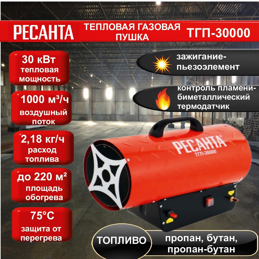 Тепловая газовая пушка ТГП-30000 Ресанта // 30 кВт; расход топлива - 2,18  кг/ч, топливо: пропан, пропан-бутан, бутан; производительность - 1000 м3/ч;  Пьезорозжиг, защита от перегрева, температурный датчик на клапане газа -  купить