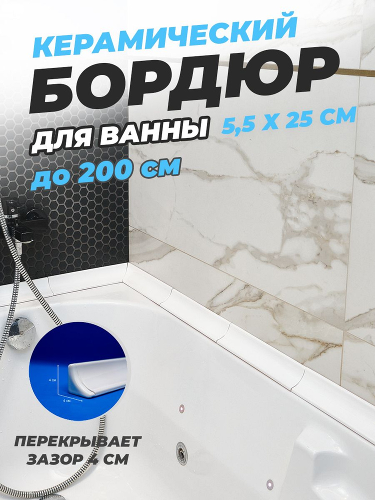 Бордюр для ванны керамический, Комплект Б250 (5,5 см х 25 см.) Цвет - белый  #1