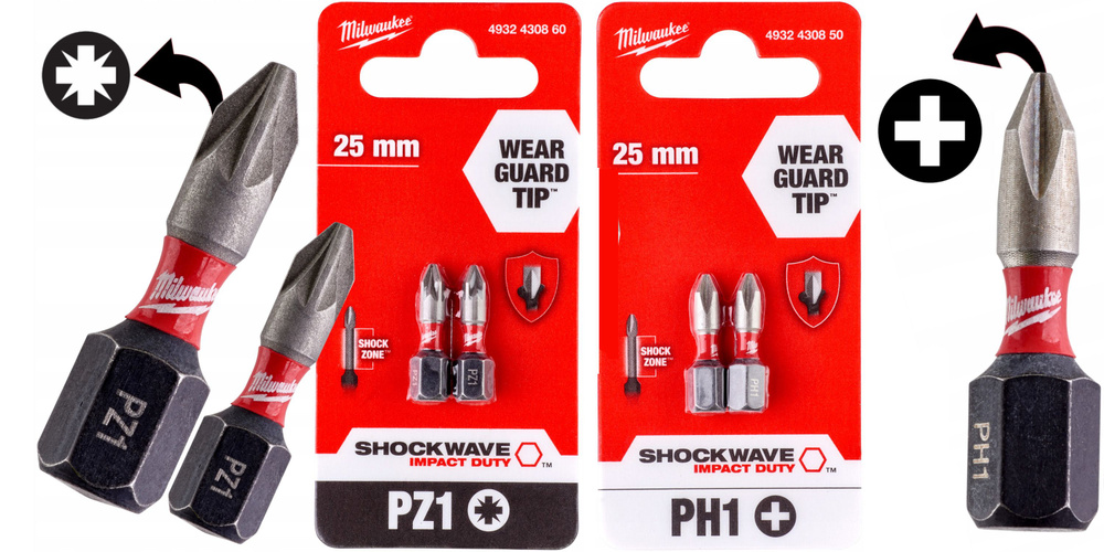 PH1(2шт)+PZ1(2шт) 25мм. Набор бит для шуруповёрта ударных Shockwave MILWAUKEE  #1