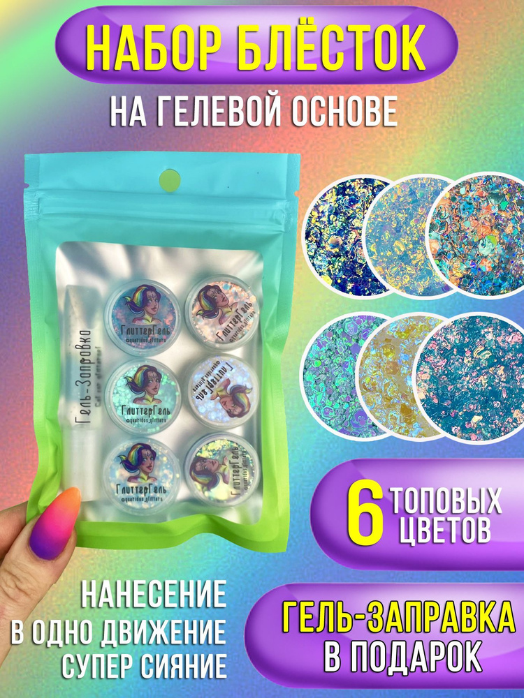 Queridos Glitters Глиттер набор. Блестки для лица и тела. Блестки для глаз. Цвет набора: Радуга Green-Blue #1