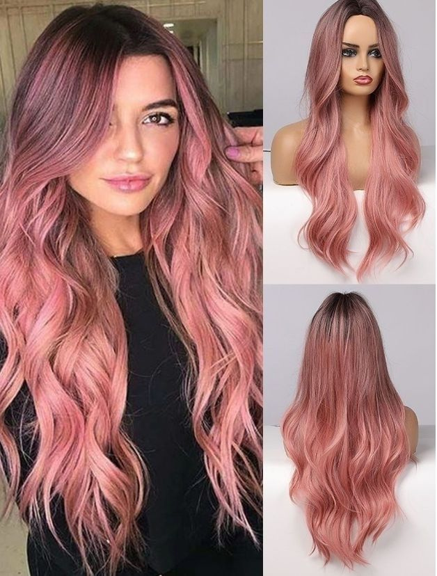 Парик женский омбре с длинными волосами розовый, имитация натуральных волос  #1