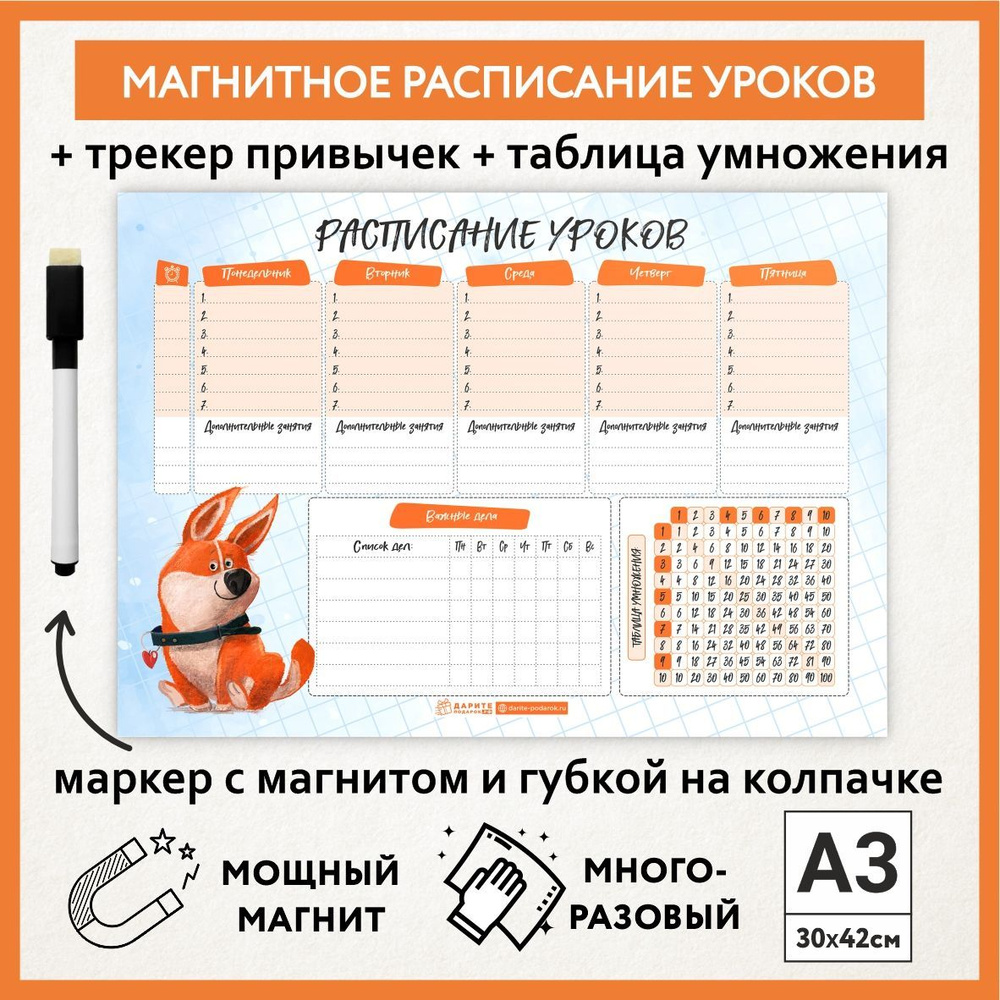 Расписание уроков магнитное А3, пиши-стирай, школьное многоразовое с таблицей умножения, маркер с магнитом, #1