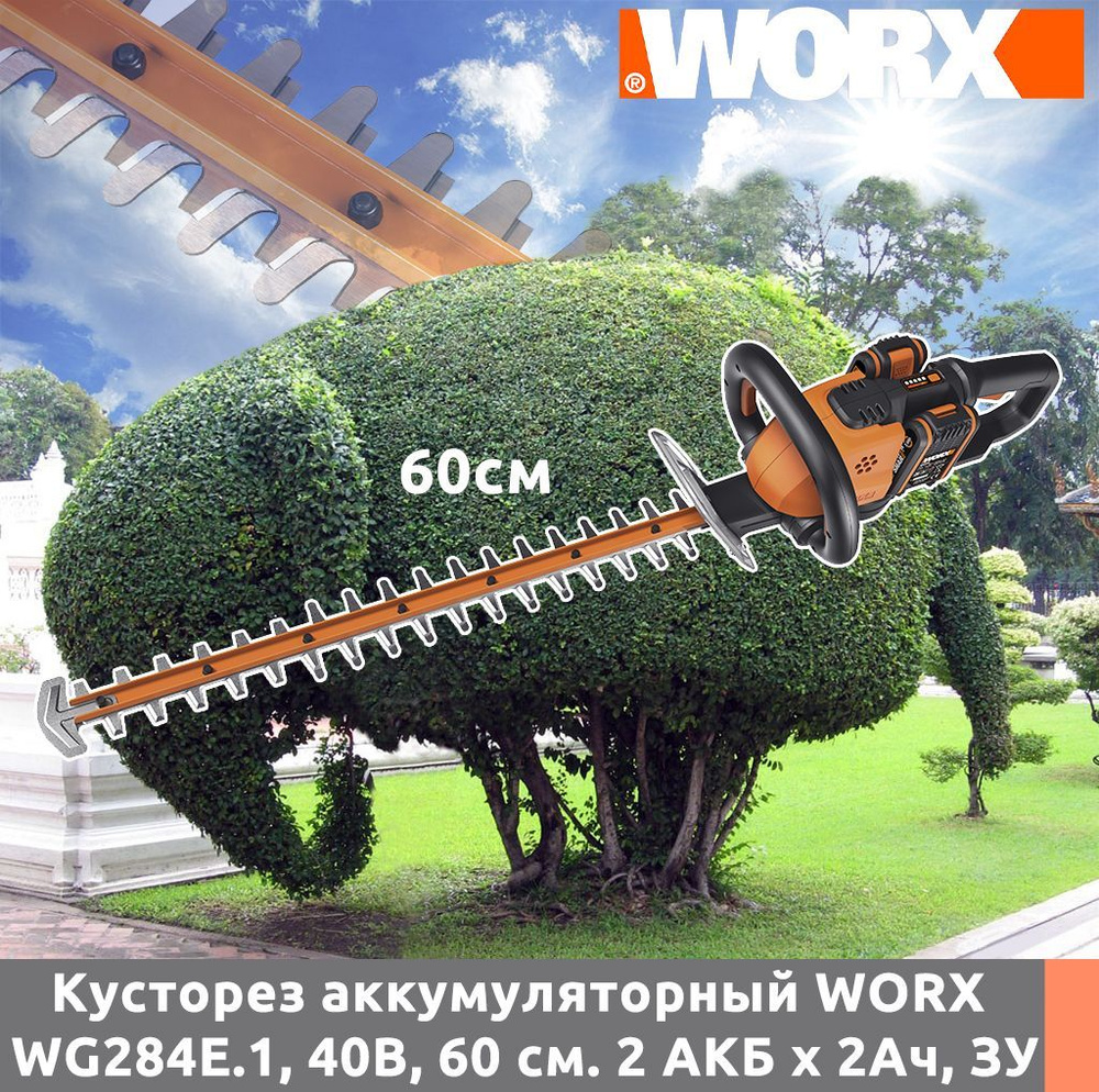 Кусторез аккумуляторный WORX WG284E.1, 40В, 60 см, 2 АКБ х 2Ач, ЗУ #1