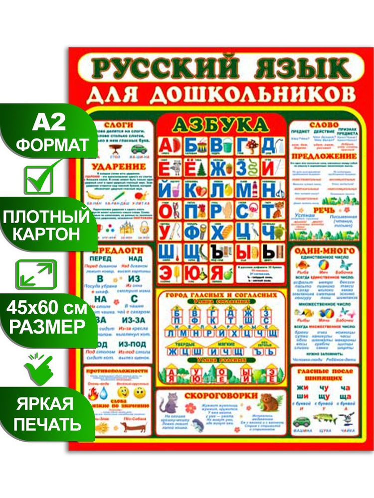 Обучающий плакат "Русский язык для дошкольников", формат А2, 45х60 см ...