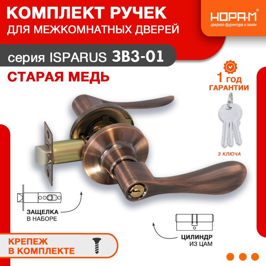 Ручка защелка НОРА-М Isparus ЗВ3 ISPARUS нажимная для межкомнатных дверей - Старая медь - 01 - ключ/фиксатор #1