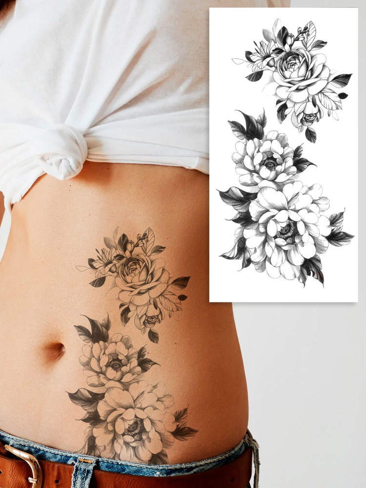Временная тату, переводная татуировка, цветы, роза, пионы, бабочки  #1