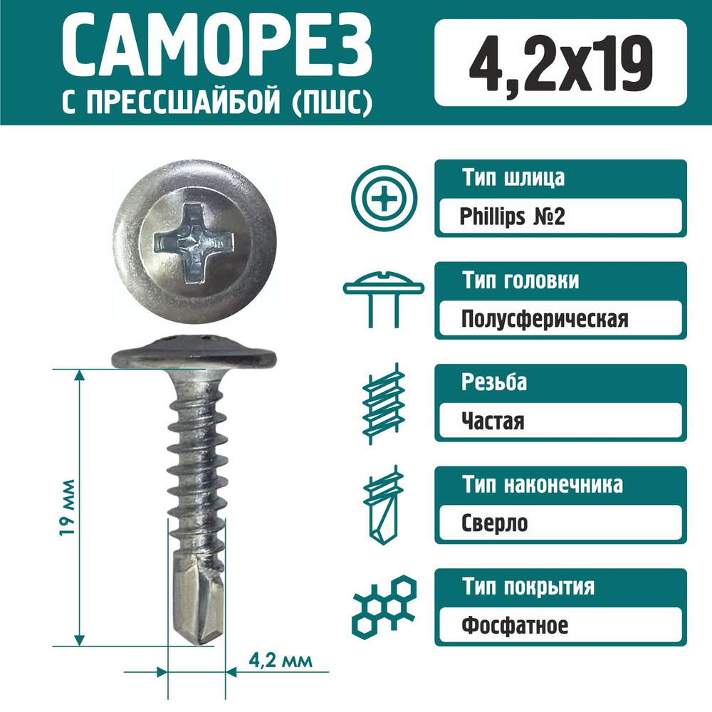 Саморез Rizzel с пресшайбой сверло 4,2х19 цинк (1000 шт) #1