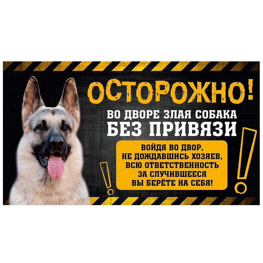 Табличка, с юмором, прикол, DANGER DOG, Осторожно! Во дворе собака без  привязи, Восточноевропейская овчарка, 25x14 см