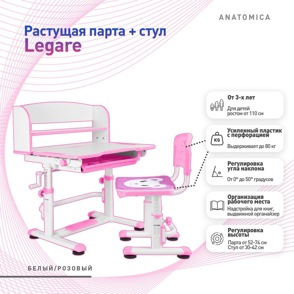 Комплект Anatomica Legare: детская парта и стул белый/розовый #1