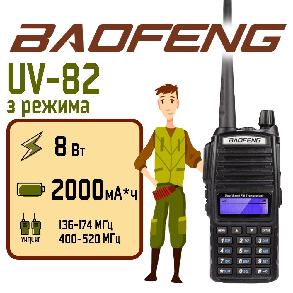 Радиостанция Baofeng UV-82 (8W), 3 режима_черный, 128 каналов - купить по  доступным ценам в интернет-магазине OZON (672814985)