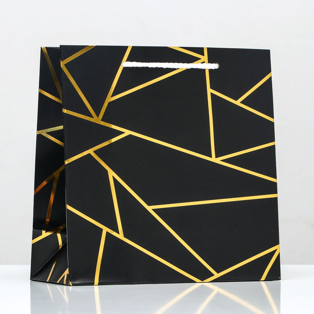 Пакет подарочный крафт "Золотые линии", чёрный, фольгированный, 22,5 х ...