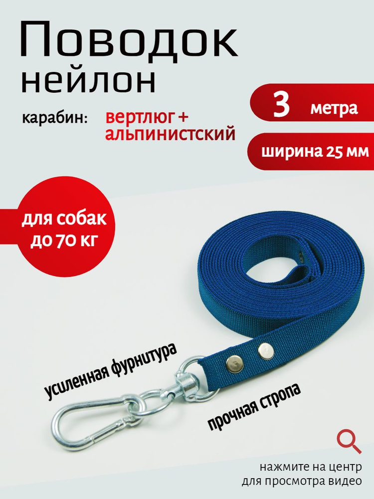 Поводок для собак с вертлюгом и альпинистским карабином нейлон 3 м х 25 мм (темно-синий)  #1