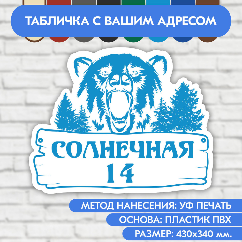 Адресная табличка на дом 430х340 мм. "Домовой знак Медведь", бело-голубая, из пластика, УФ печать не #1