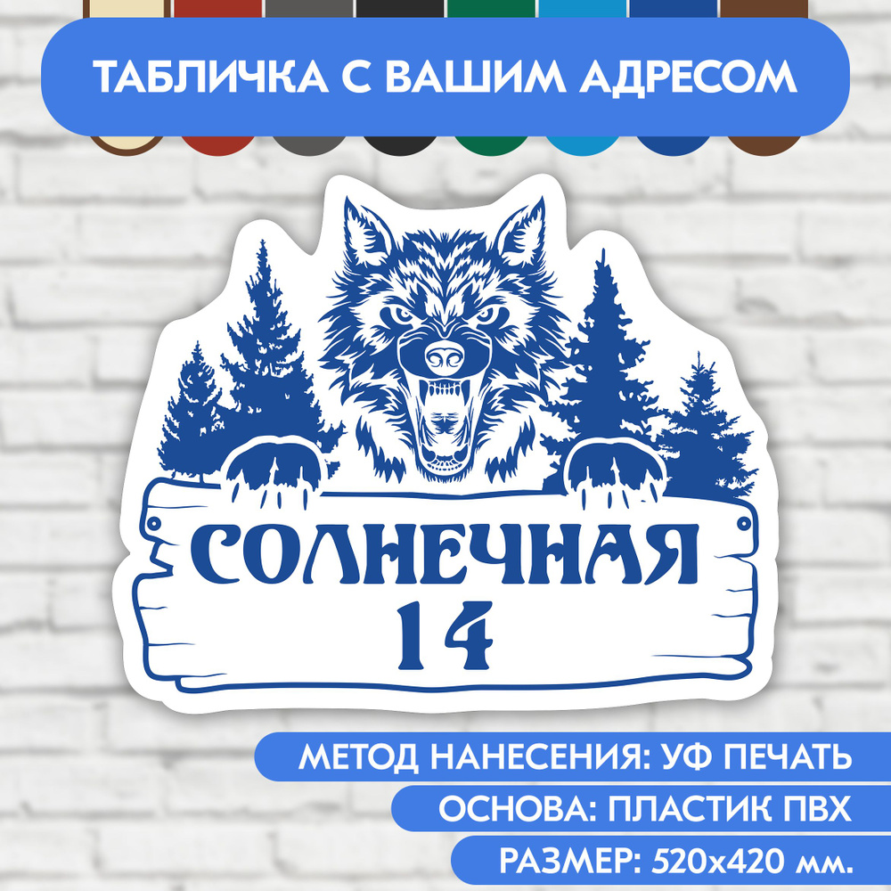 Адресная табличка на дом 520х420 мм. "Домовой знак Волк", бело-синяя, из пластика, УФ печать не выгорает #1