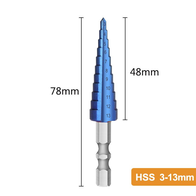 Ступенчатое сверло по металлу и дереву 3-13 мм с шестигранным хвостовиком, нано-синее покрытие, 1шт. #1