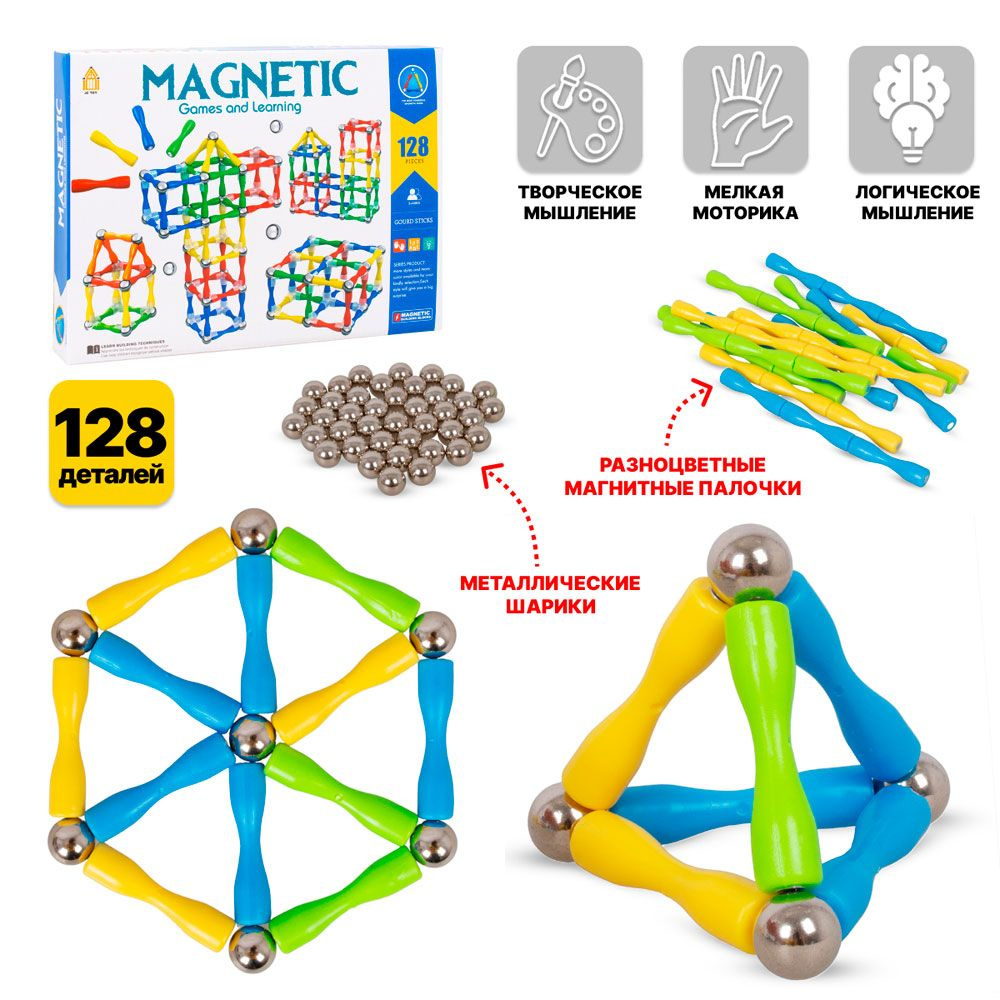 Многофункциональный Конструктор магнитный с палочками и шариками  развивающая игрушка для детей 128 деталей - купить с доставкой по выгодным  ценам в интернет-магазине OZON (1355074913)