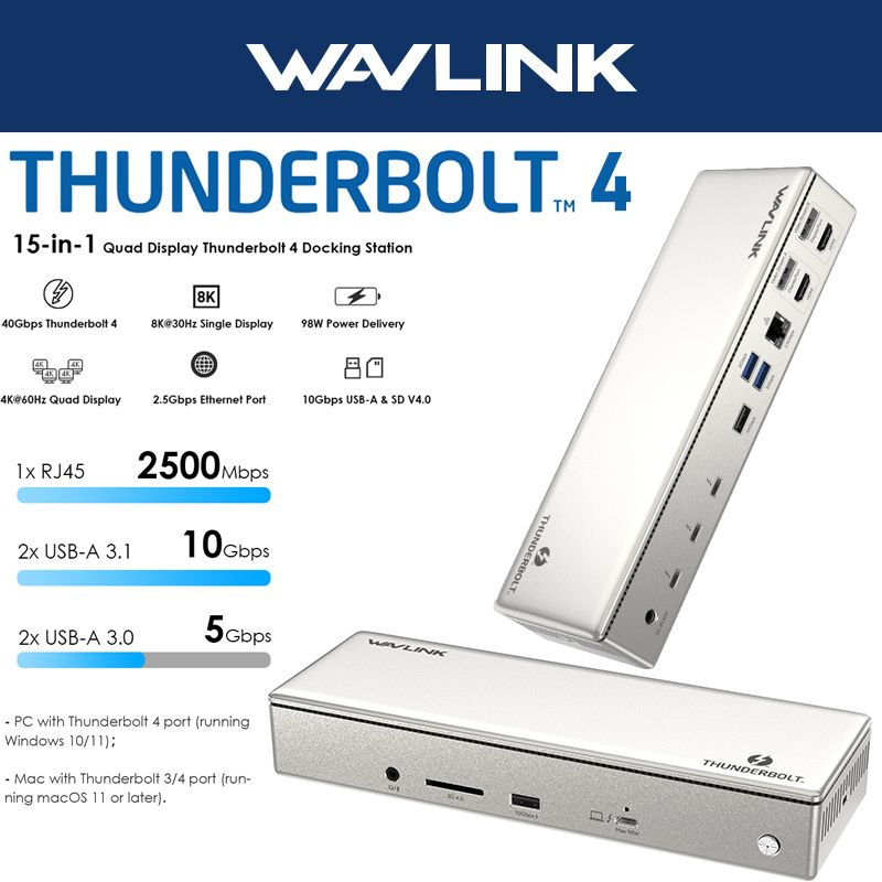 Док-станция WAVLINK Thunderbolt 4 15-в-1 со скоростью 40 Гбит/с и ...