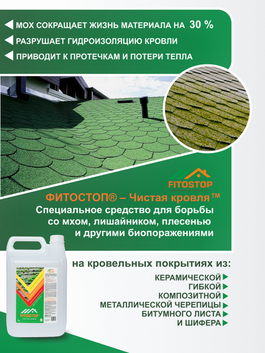 Средство от мха, очистка кровли, 5 литров Fitostop Чистая кровля ...