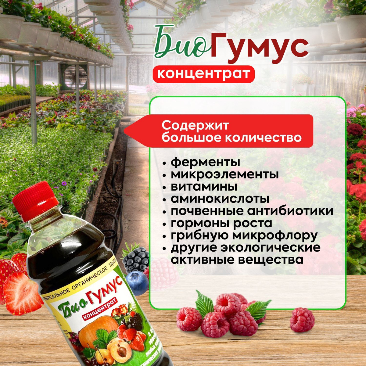 В состав входят все компоненты вермикомпоста в растворенном состоянии: гумины, фульвокислоты, витамины, почвенные антибиотики, природные фитогормоны, микро- и макроэлементы в виде биодоступных органических соединений и споры полезных почвенных микроорганизмов. Фунгицидные и бактерицидные свойства препарата обусловлены присутствием природных фунгицидов и антибиотиков, выделяемых микрофлорой кишечника Красного Калифорнийского червя в процессе вермикультивирования.  Органические вещества (в % не менее): N -1,2, P2O5 – 1,2, K2O – 5, MgO -1, B -0,5, Co – 0,02, Fe -1, Mn – 0,6, Mo – 0,02, Zn – 0,8. Гуминовые кислоты (Сгк) (в % не менее) – 13, фульвокислоты (Сфк) (в % не менее) – 5. Кислотность удобрения (pH) – 9.