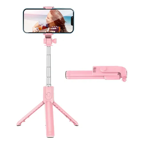 Блютуз селфи палка с пультом и штативом для стримов, складная портативная из нержавеющей стали с акк