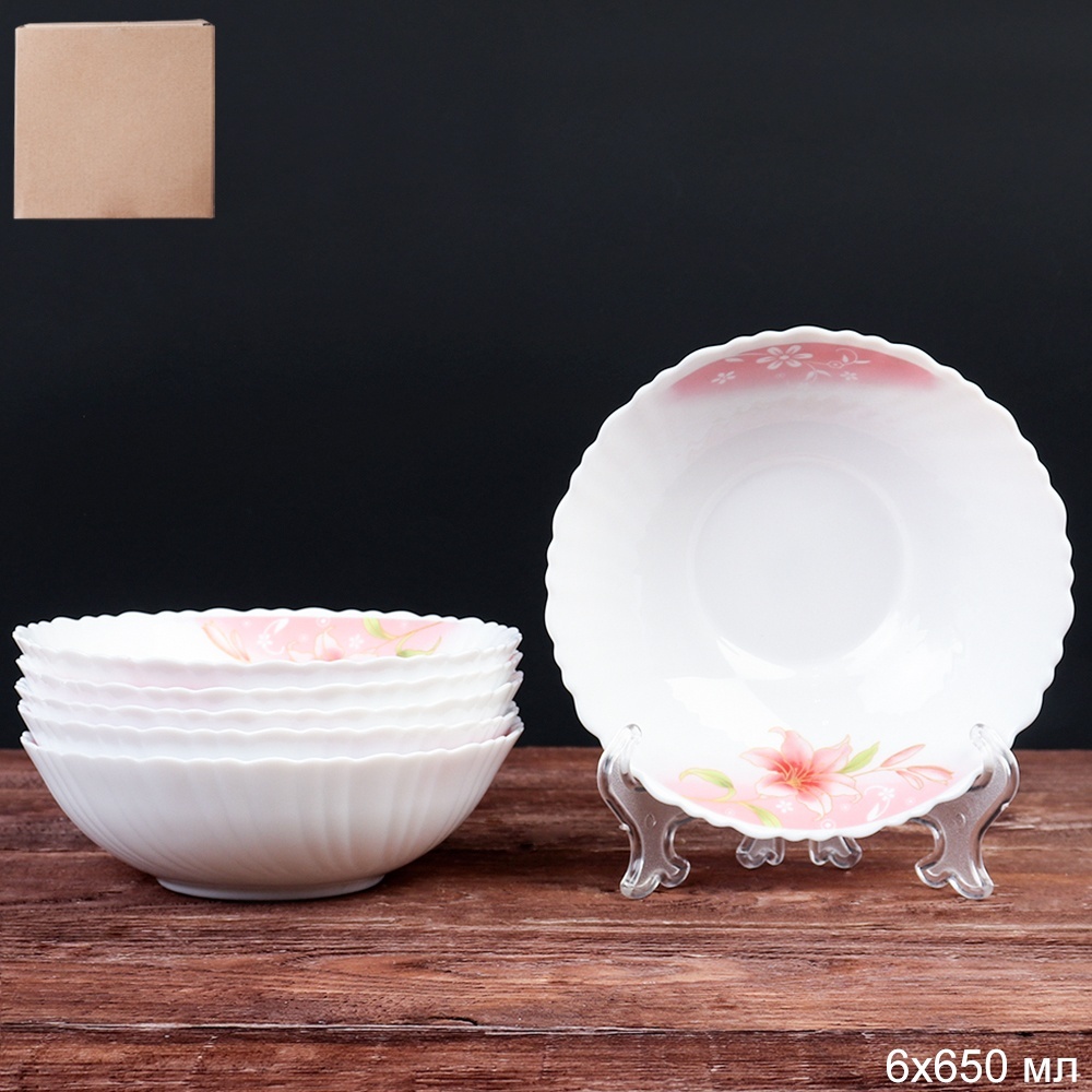 Набор суповых тарелок, 6 штук, 650 мл, 175 мм. Розовая лилия. Набор суповых тарелок, 6 штук, 650 мл, 175 мм. Розовая лилия.