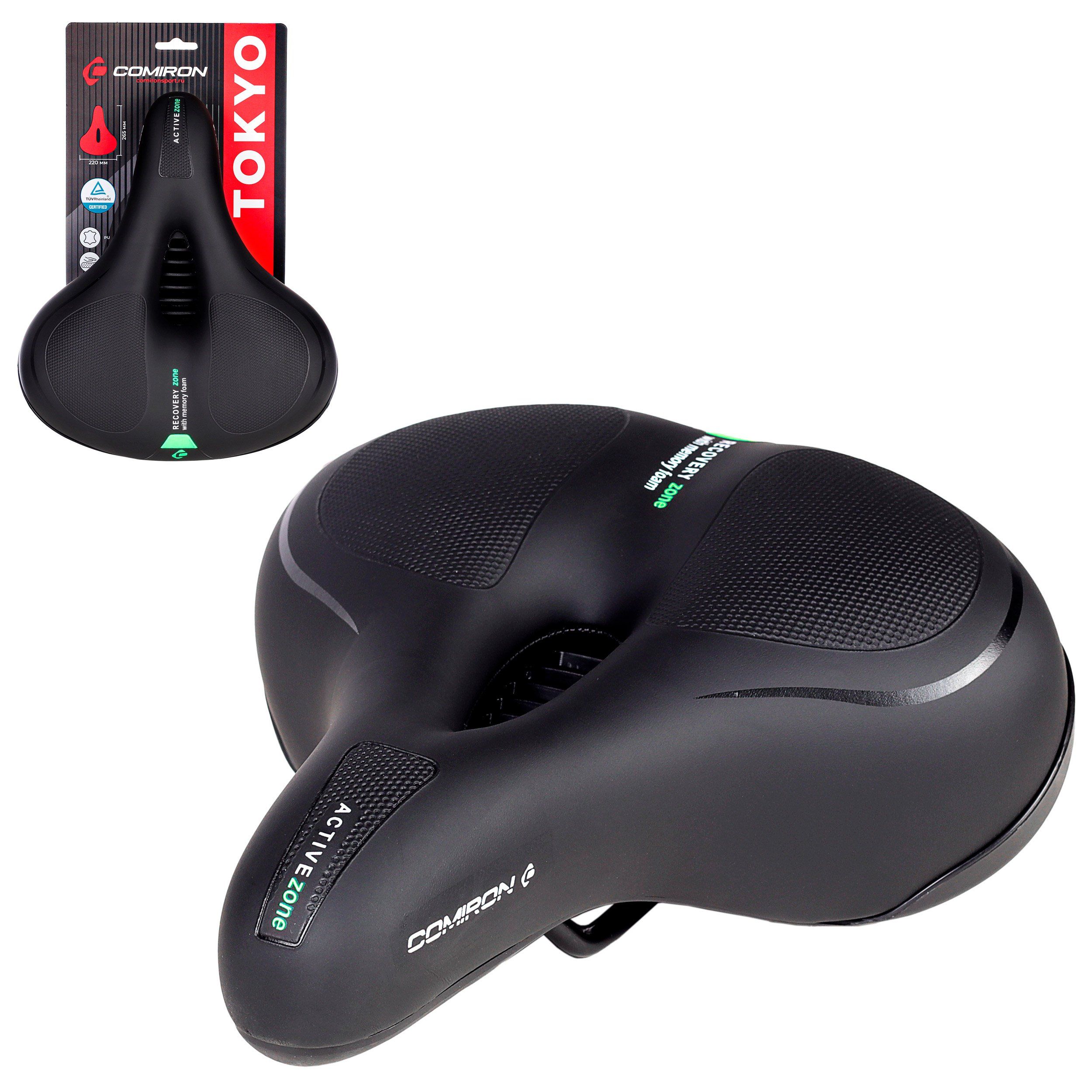 Седло велосипедное комфортное COMIRON TOKYO C012 265x220, технологии: ED, MEMORY FOAM, полиуретан с пресс. принтом, чёрный, зелёный Седло велосипедное комфортное COMIRON TOKYO C012 265x220, технологии: ED, MEMORY FOAM, полиуретан с пресс. принтом, чёрный, зелёный
