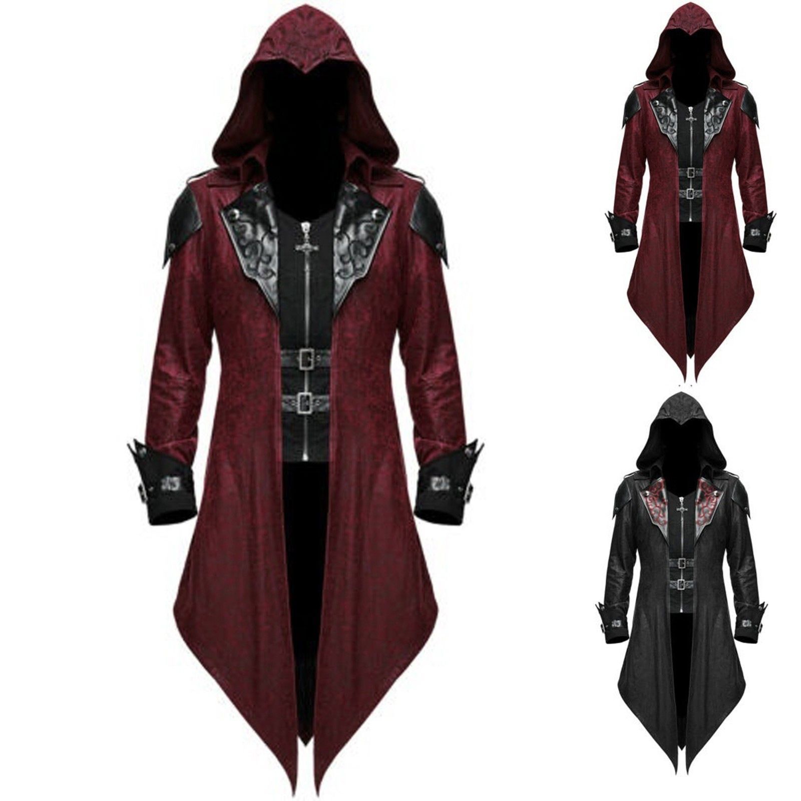 Mens Coat long Jacket Gothic Steampunk с капюшоном