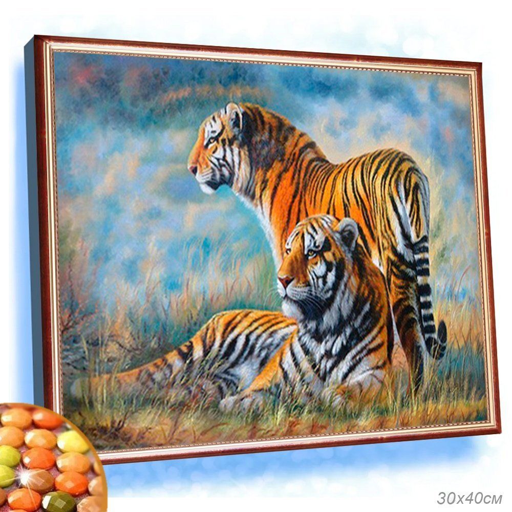 Алмазная мозаика на подрамнике 30x40. Тигры, полное заполнение Алмазная мозаика на подрамнике 30x40. Тигры, полное заполнение