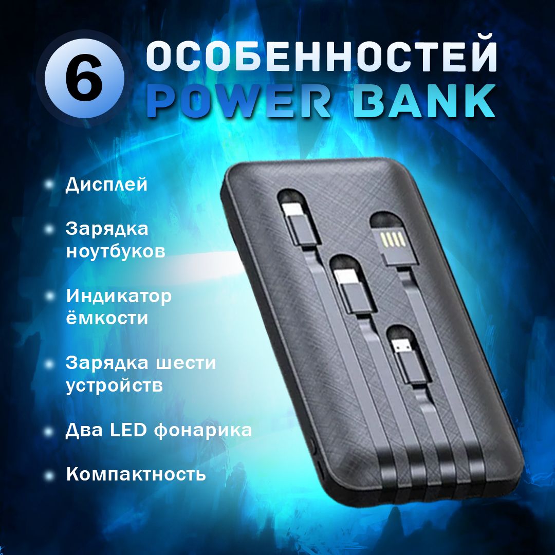 Внешний аккумулятор (Power Bank) Повербанк; Power Bank 20000 mah с быстрой  зарядкой, встроенными кабелями (большой) - купить по выгодным ценам в  интернет-магазине OZON (1412645148)