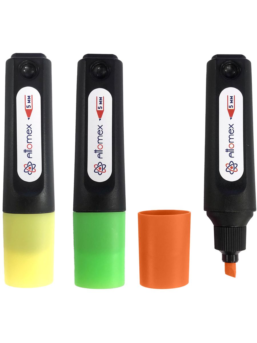 Набормаркеровтекстовыделителей3цвета:желтый,зеленый,оранжевый)плоскийкорпуссклипом,скошенныйнаконечник,шириналинии1-5мм