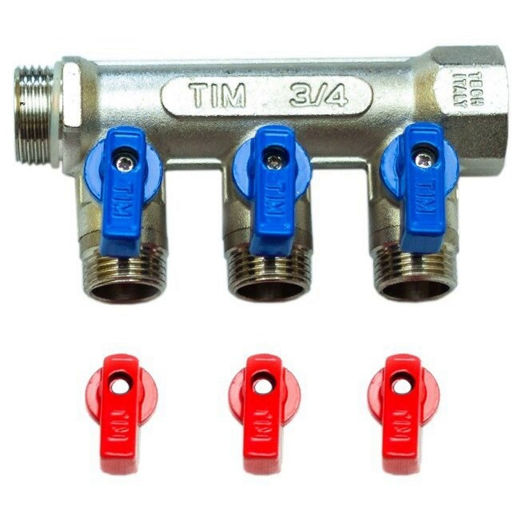 Коллектор с шаровыми кранами 3/4", 3 отвода 1/2" (красные и синие ручки) TIM MV-3/4-N-3  #1