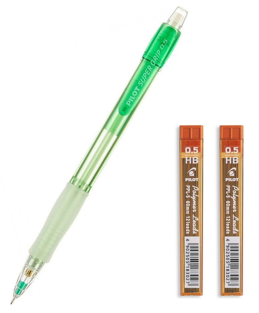 Карандаш механический PILOT Super Grip H-185 Neon, 0.5 мм, с ластиком, зеленый корпус, 2 упаковки сменных #1