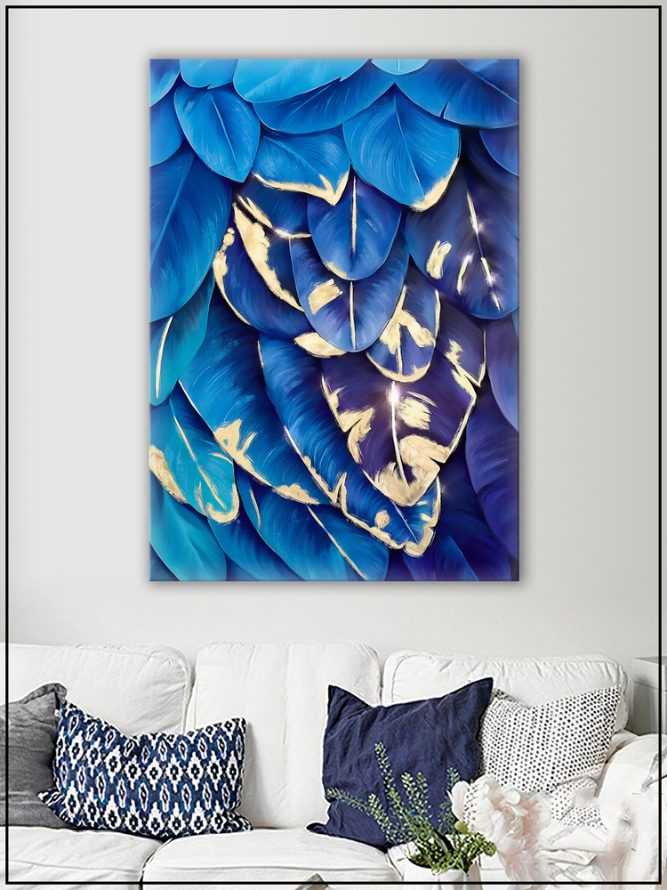 Картина на стену для интерьера "Синие листья" на натуральном холсте 55* ...