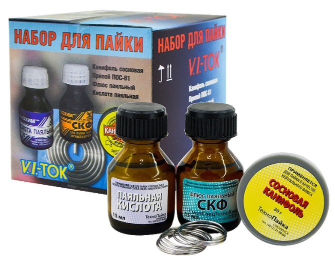 Набор для пайки. Припой ПОС61, флюс СКФ, кислота паяльная, канифоль ...