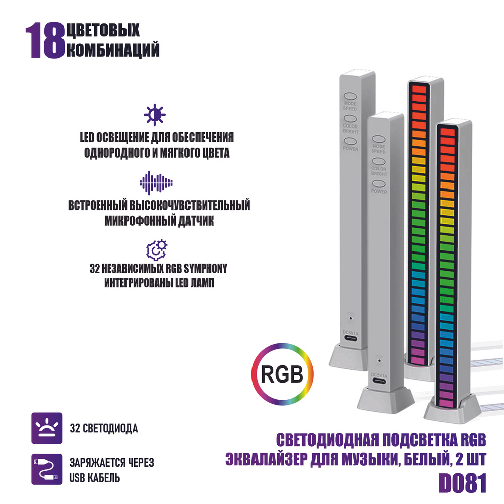 Светодиодная подсветка RGB D081 эквалайзер для музыки, белый, 2 шт. #1