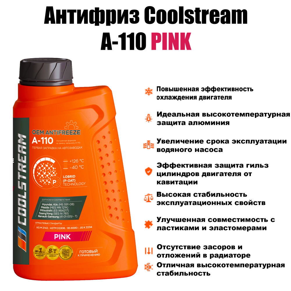 антифриз coolstream a-110, cs-010501-pn, розовый pink 1 кг. Hyundai, KIA MS  591-08 совместимы Mazda, Mitsubishi, Renault-Samsung, SsangYong, ASTM ...