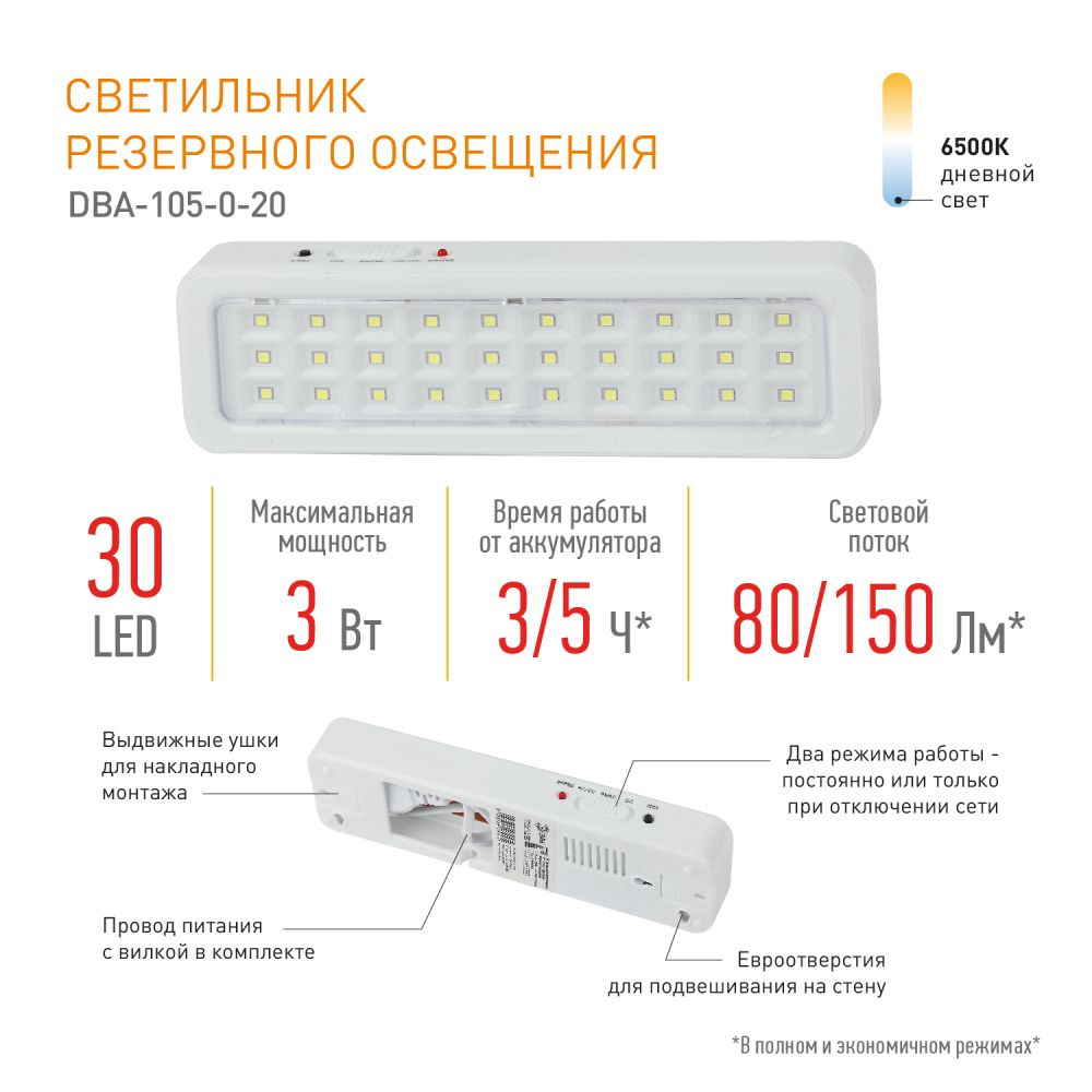 Светильник светодиодный аварийный постоянный DBA-105-0-20 ЭРА 30LED 5ч IP20  / Аварийный фонарь для эвакуации