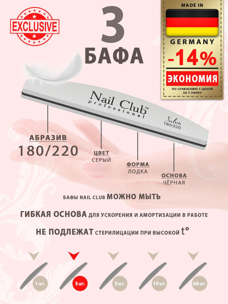 Nail Club professional Маникюрный баф для шлифовки ногтей серый, серия Salon, форма лодка, абразив 180/220, #1