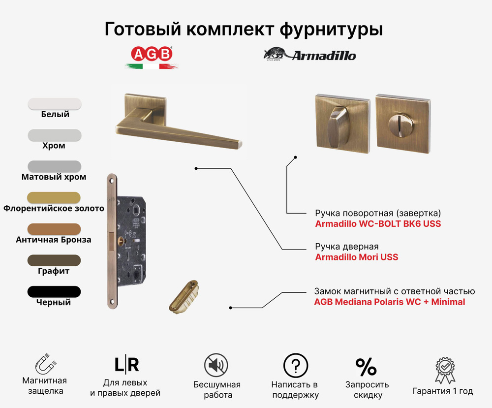 Комплект Ручка дверная Armadillo MORI USS AB-7 + Замок магнитный бесшумный AGB Mediana POLARIS (с отв. #1