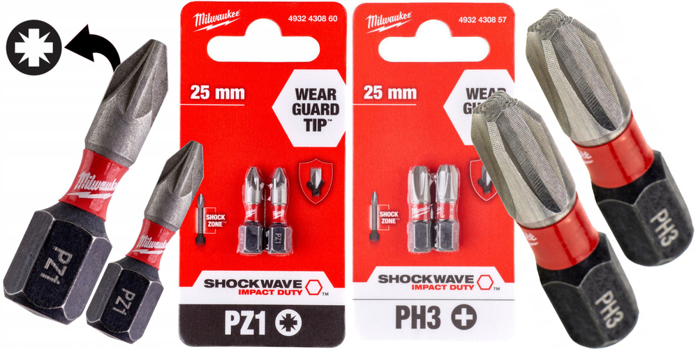 PH3(4шт)+PZ1(4шт) 25мм. Набор бит для шуруповёрта ударных Shockwave MILWAUKEE  #1