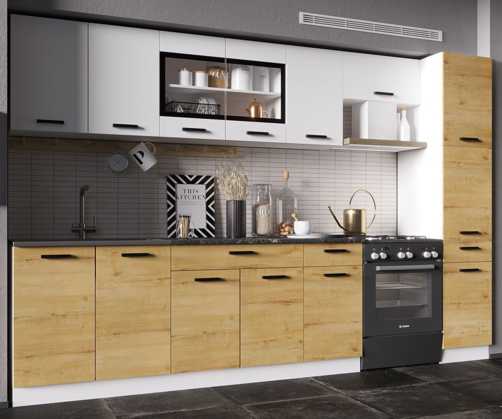 Кухонный гарнитур, кухня, готовый комплект Брауни 3 м Дуб Вотан/Белый ...