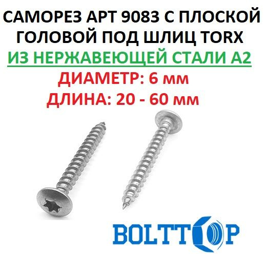 Саморез с плоской головкой под шлиц TORX АРТ 9083 нержавеющий А2 (AISI 304), размер 6х40, 10 шт  #1