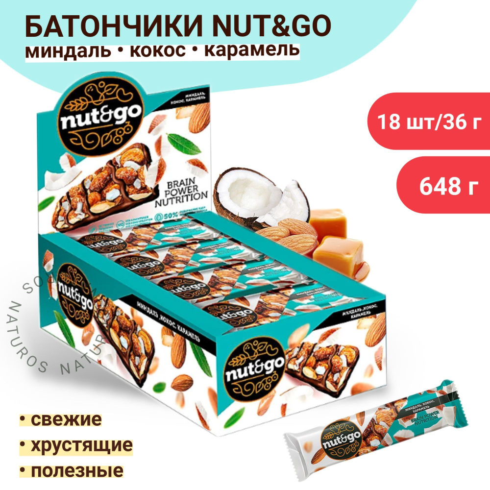 Батончики с миндалем, кокосом и карамелью Nut&Go, 18шт по 36г - купить с  доставкой по выгодным ценам в интернет-магазине OZON (891261046)