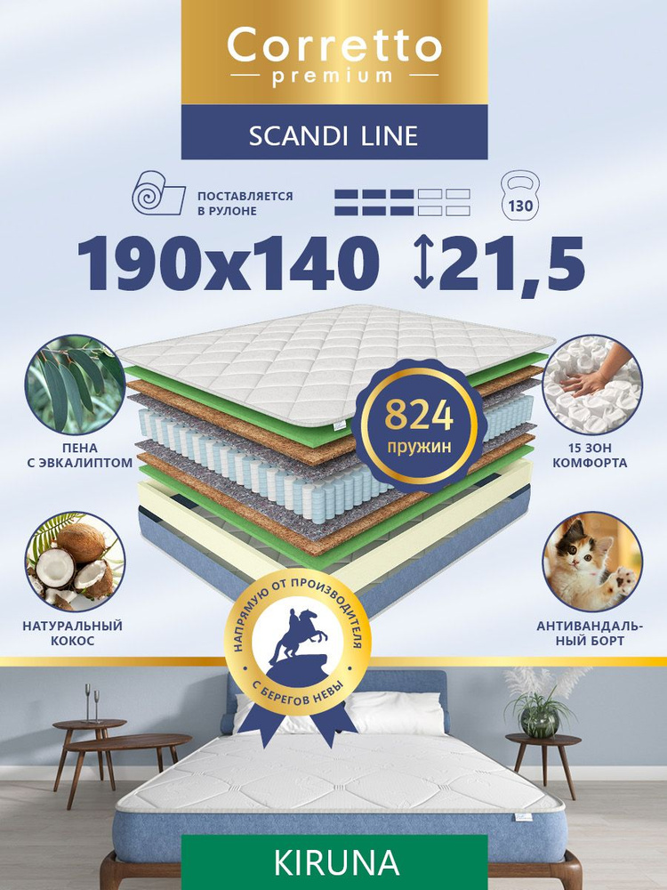 Матрас140 х 190 пружинный Corretto Premium, модель KIRUNA, с ортопедическим эффектом на кровать, средней #1